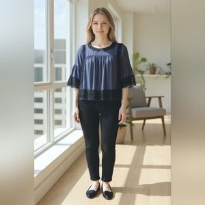 Paper Crane Womens Small Denim Blue Lace Trimmed Bell Sleeve Popover Top